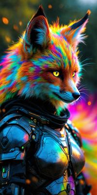 The primary subject of the image is a colorful fox with a blue and yellow mane. The fox is wearing a futuristic-looking outfit, which includes a blue and yellow cape. The setting is a forest, with the fox standing in the middle of the scene. The visual style of the image is a combination of photo and digital art, creating a unique and eye-catching appearance. The dominant colors in the image are blue and yellow, giving the scene a vibrant and lively atmosphere.